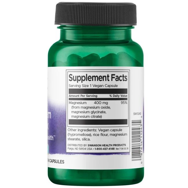 Retro delle capsule Swanson Triple Magnesium Complex. Contiene Supplement Facts e ingredienti.