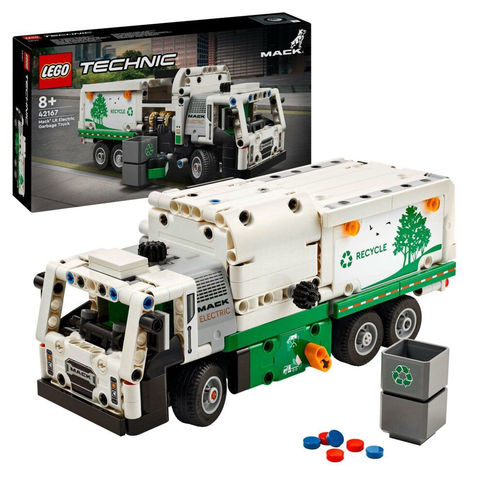 Camion della spazzatura LEGO Technic. Bianco, verde e grigio. Logo riciclo e accessori. Confezione con immagine.