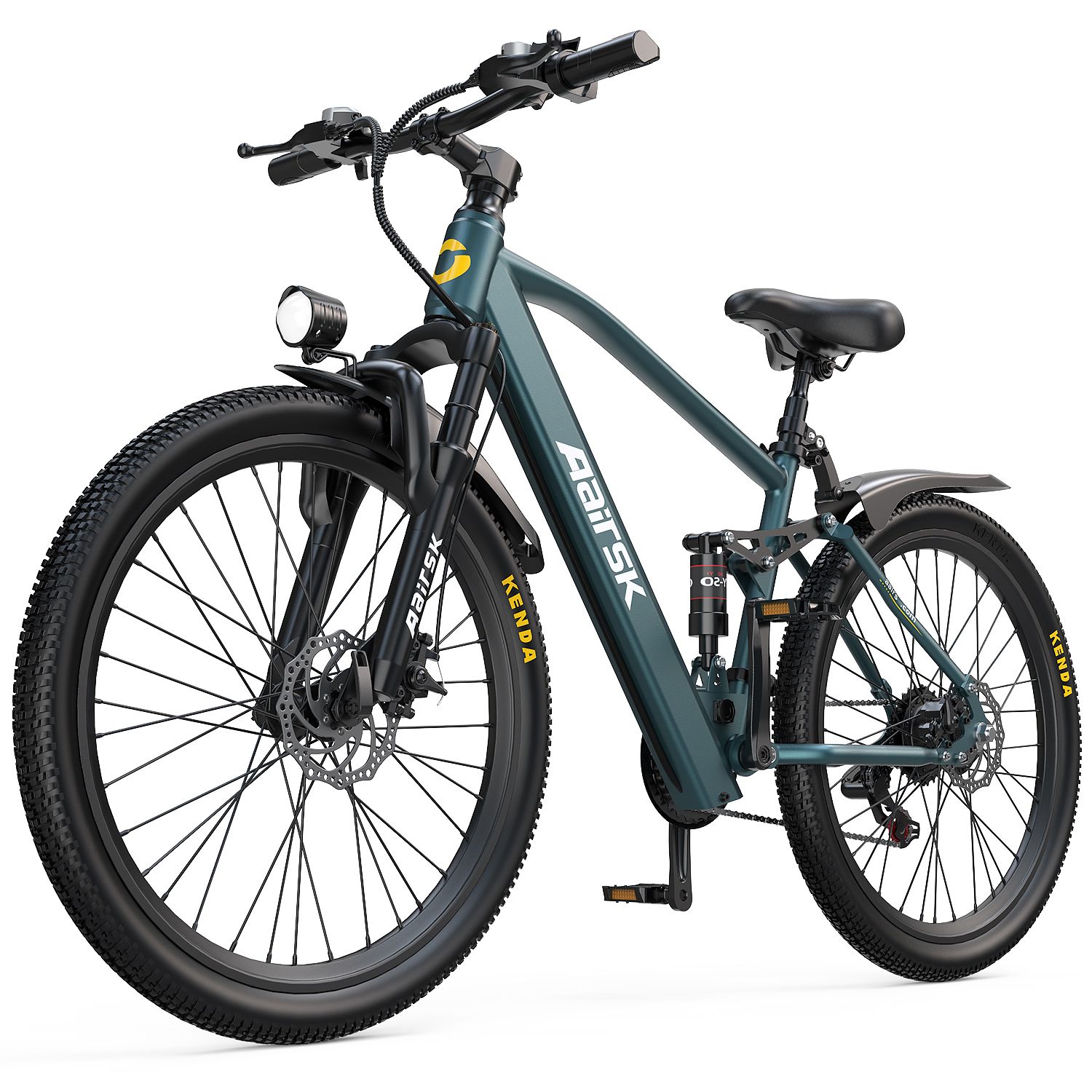 E-bike blu-verde, doppia sospensione. Logo Aairsk. Pneumatici neri, scritta Kenda. Faro anteriore.