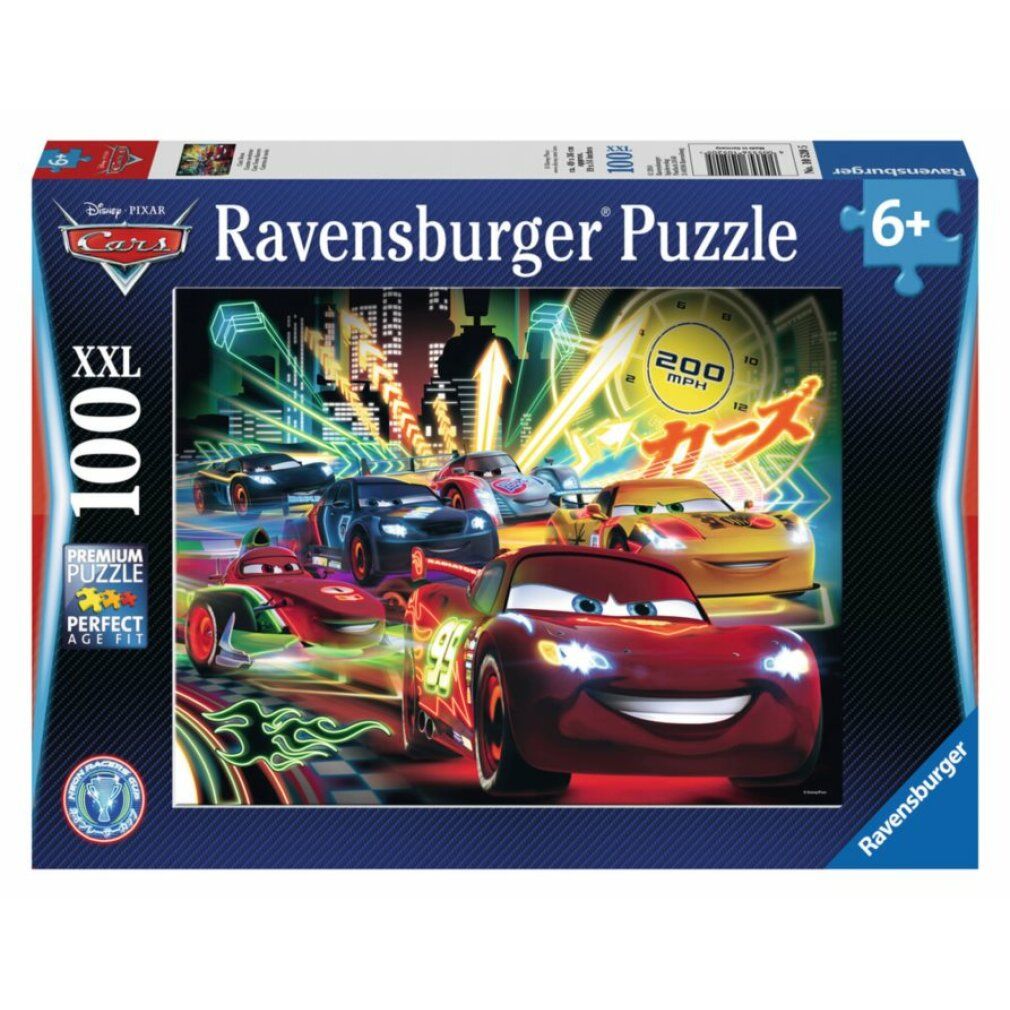 Puzzle Ravensburger Cars, 100 pezzi, in confezione. Immagine di auto su pista con luci al neon. Confezione con logo.