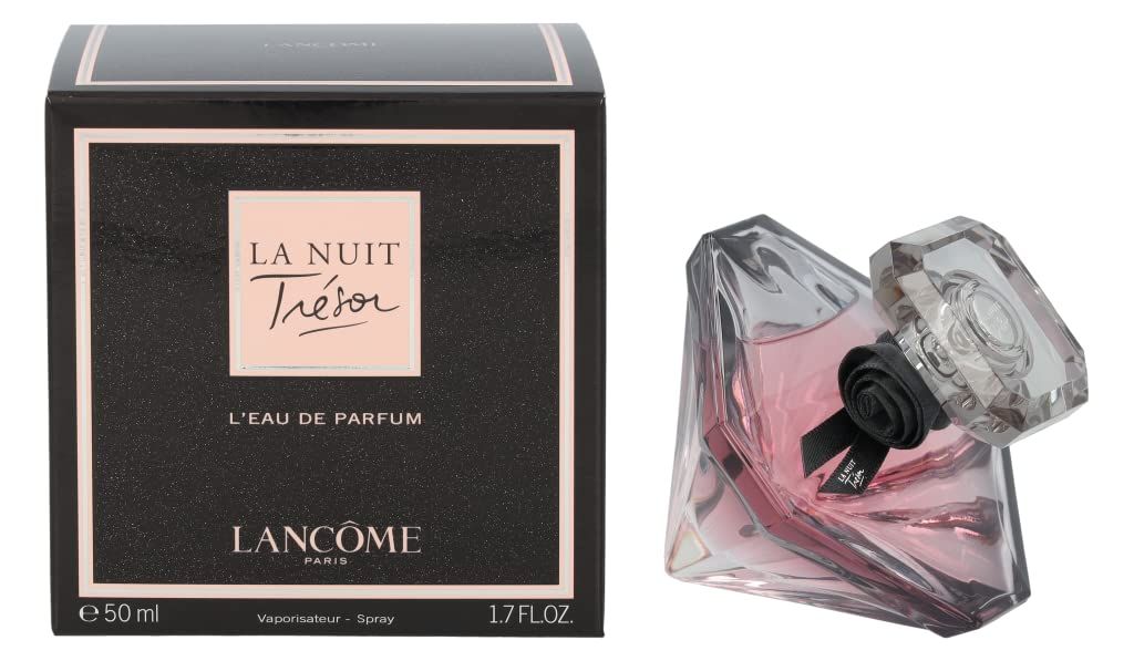 Scatola nera con etichetta rosa. Flacone accanto. Scritta: La Nuit Trésor, L'Eau de Parfum, Lancôme Paris. Forma: diamante.