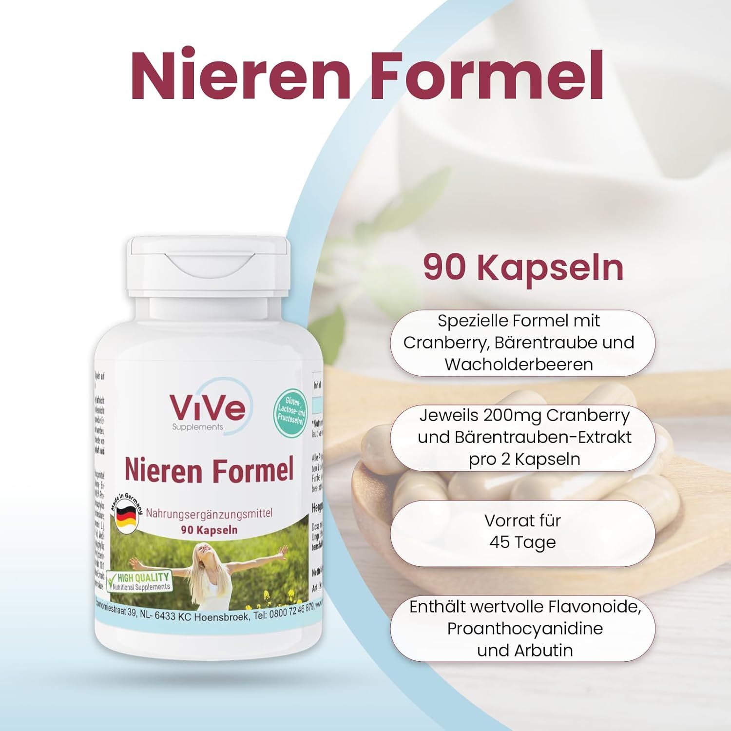 Flacone bianco con capsule. Scritta: ViVe Nieren Formel, 90 capsule. Contiene mirtillo rosso, uva ursina e ginepro.