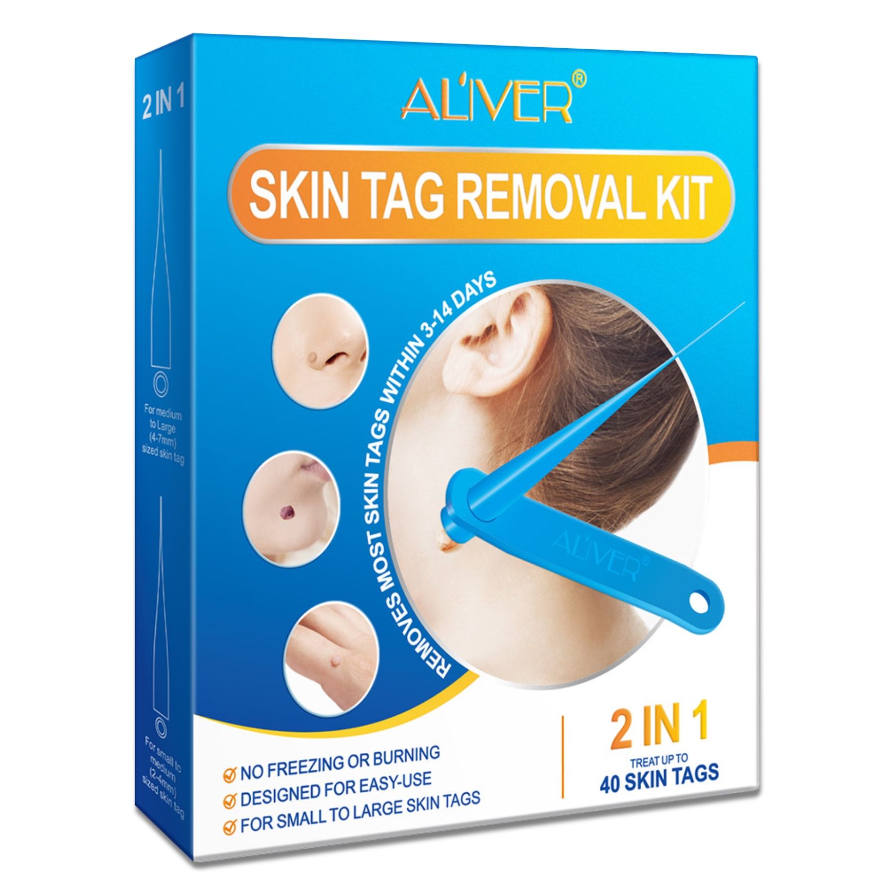 Confezione blu e bianca. Contiene un applicatore e illustrazioni per l'uso. Testo: ALIVER, Skin Tag Removal Kit, 2 in 1.