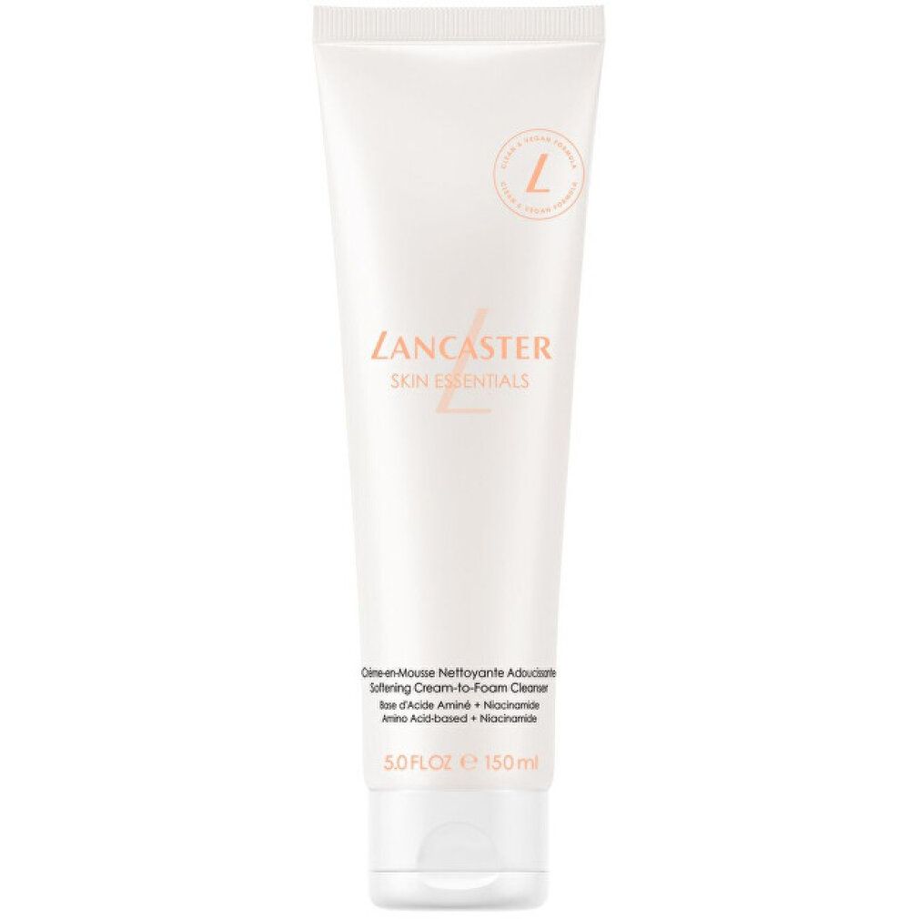 Tubo di schiuma detergente delicata Lancaster. Bianco, con testo e logo. Contiene 150 ml.