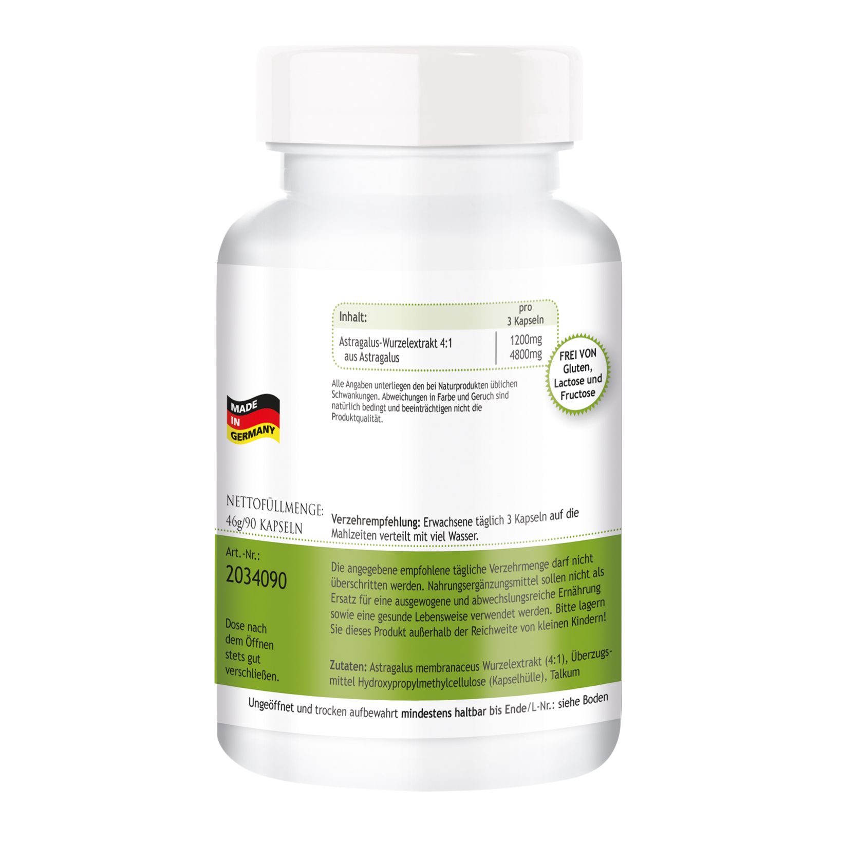 Flacone bianco di capsule. Scritta: ASTRAGALUS-EXTRAKT, Herbadirekt. Prodotto in Germania. Informazioni sugli ingredienti.