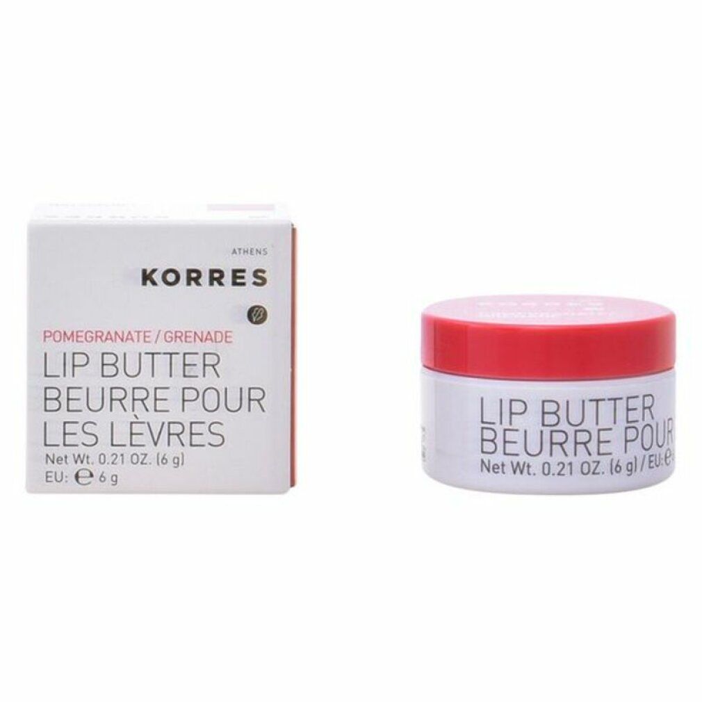 Korres Lip Butter, burro labbra. Vasetto rosso e scatola. Pomegranate/Grenade. Netto 0.21 oz (6g).
