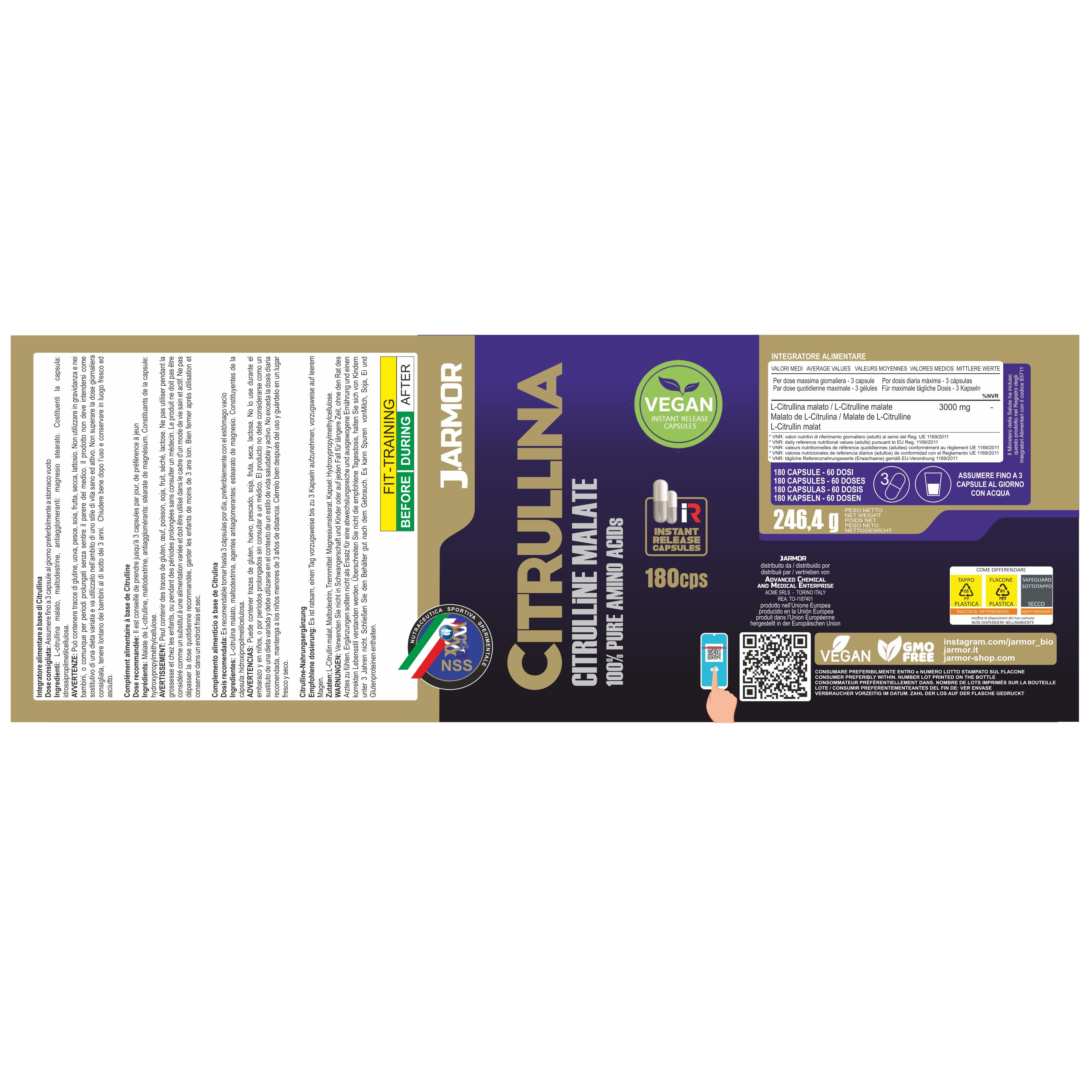 Confezione di Citrullina. Scritta: Citrullina Malate, 180 capsule. Sigillo vegano. Testo e codice QR.