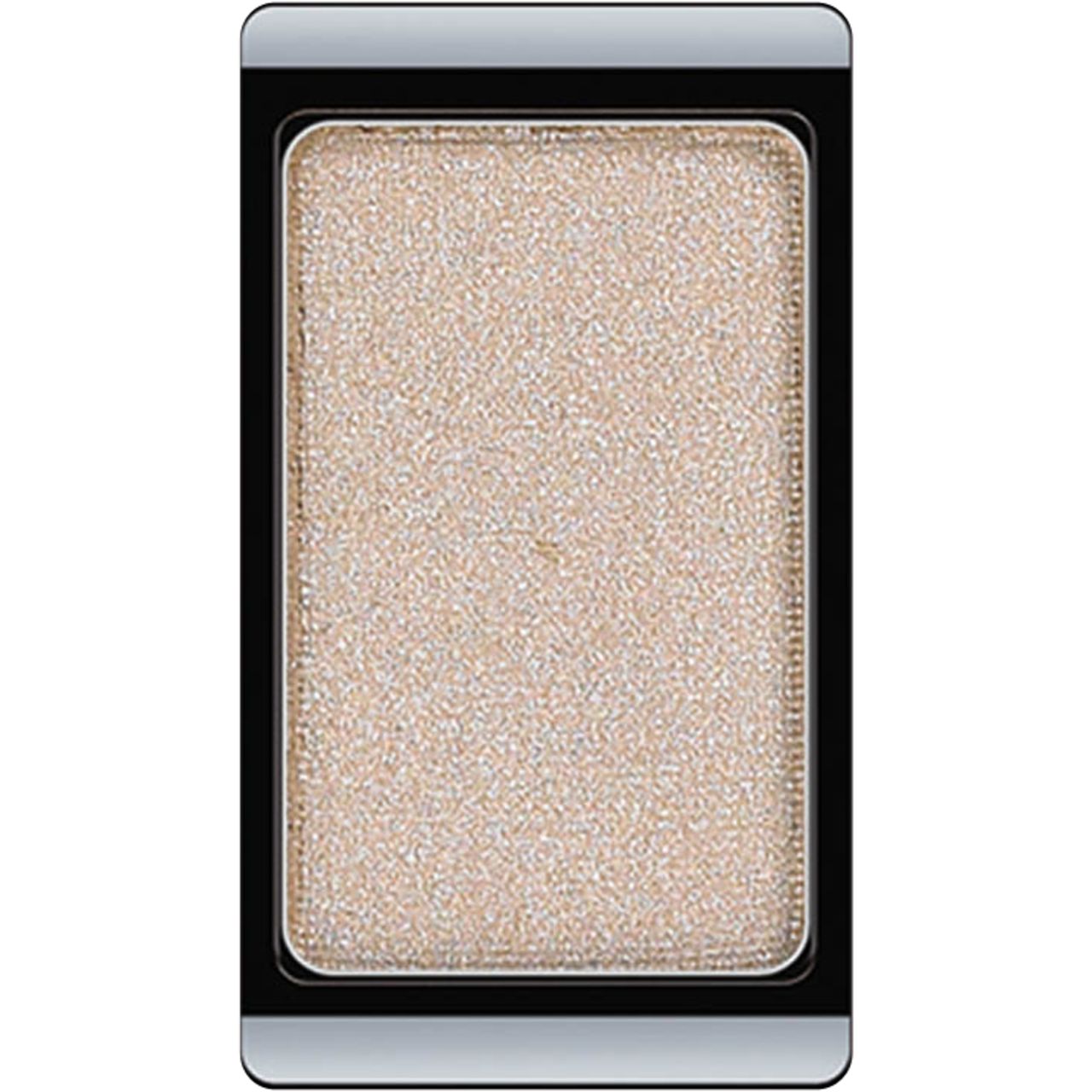 Ombretto perlato rettangolare. Colore chiaro e scintillante, cornice nera e bordo argentato.