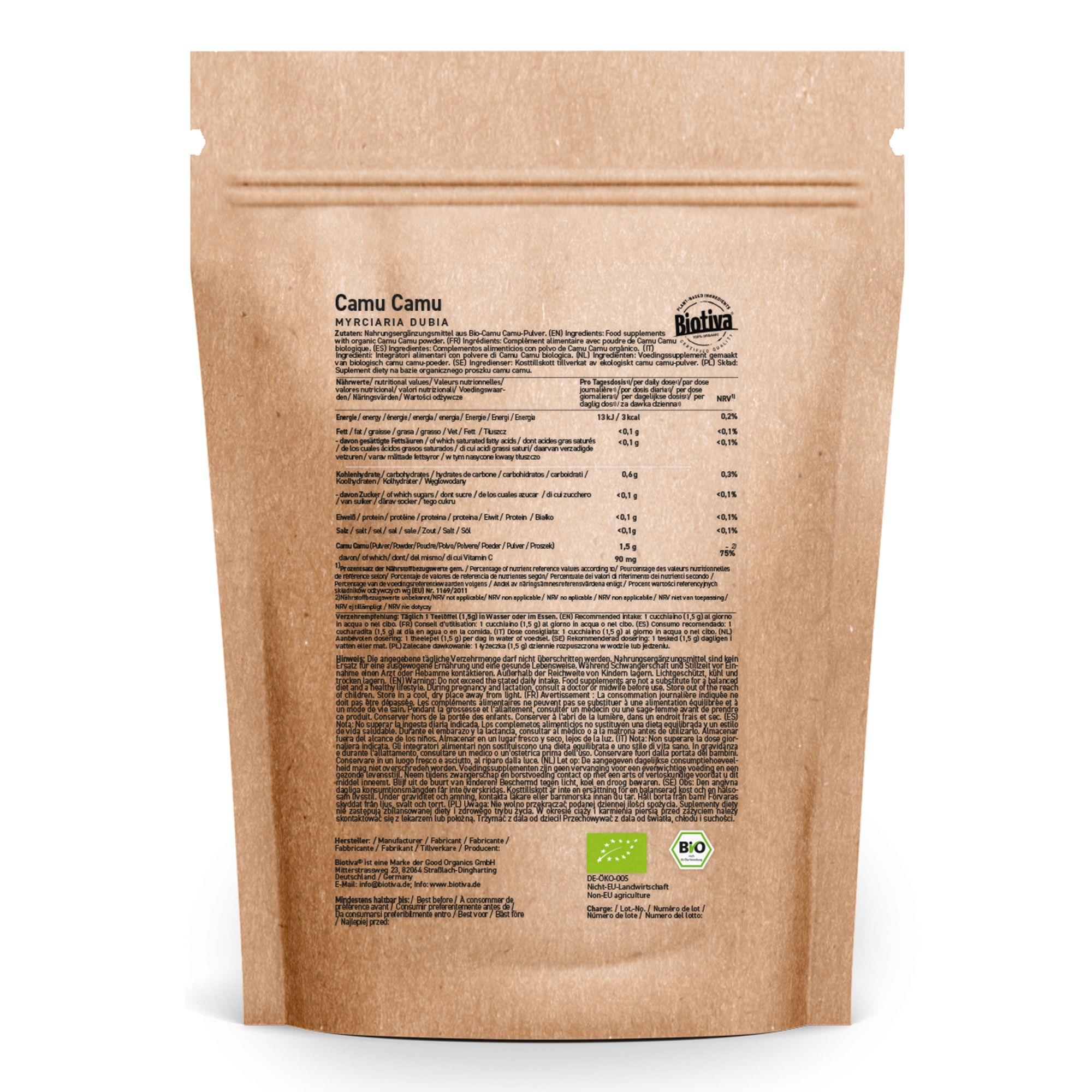 Retro della confezione di polvere di Camu Camu Bio Biotiva. Contiene informazioni nutrizionali, ingredienti e certificazioni.