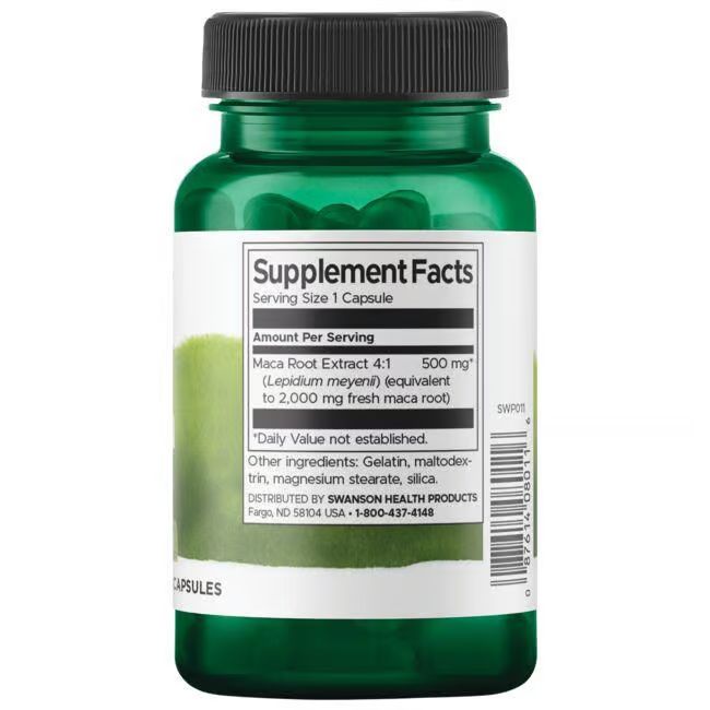 Retro di una bottiglia verde. Etichetta con informazioni nutrizionali, "Maca Root Extract 4:1" e ingredienti.