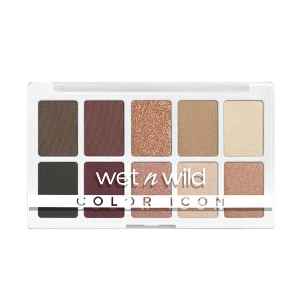 Palette ombretti con 10 tonalità. Varie tonalità in confezione di plastica bianca. Scritta: Wet n Wild, Color Icon.