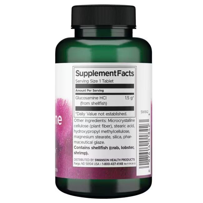 Retro del flacone verde. Scritta: Supplement Facts, Glucosamina HCI, 1,5 g. Contiene crostacei.