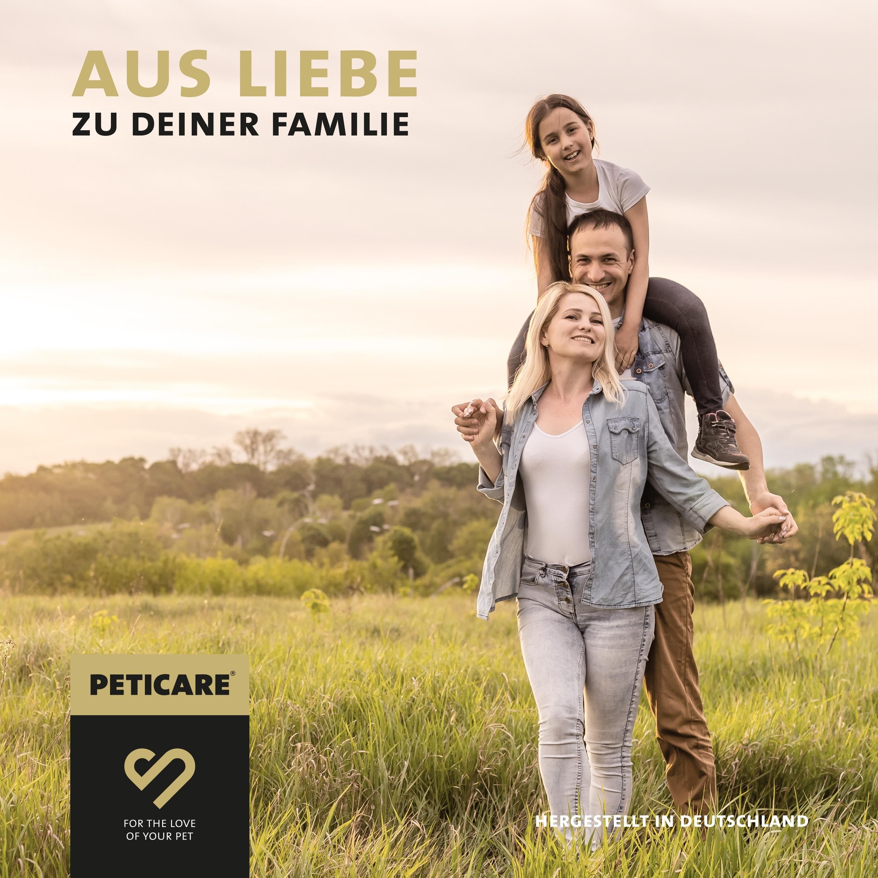 Famiglia all'aperto al tramonto, logo Peticare. "Per amore della tua famiglia".