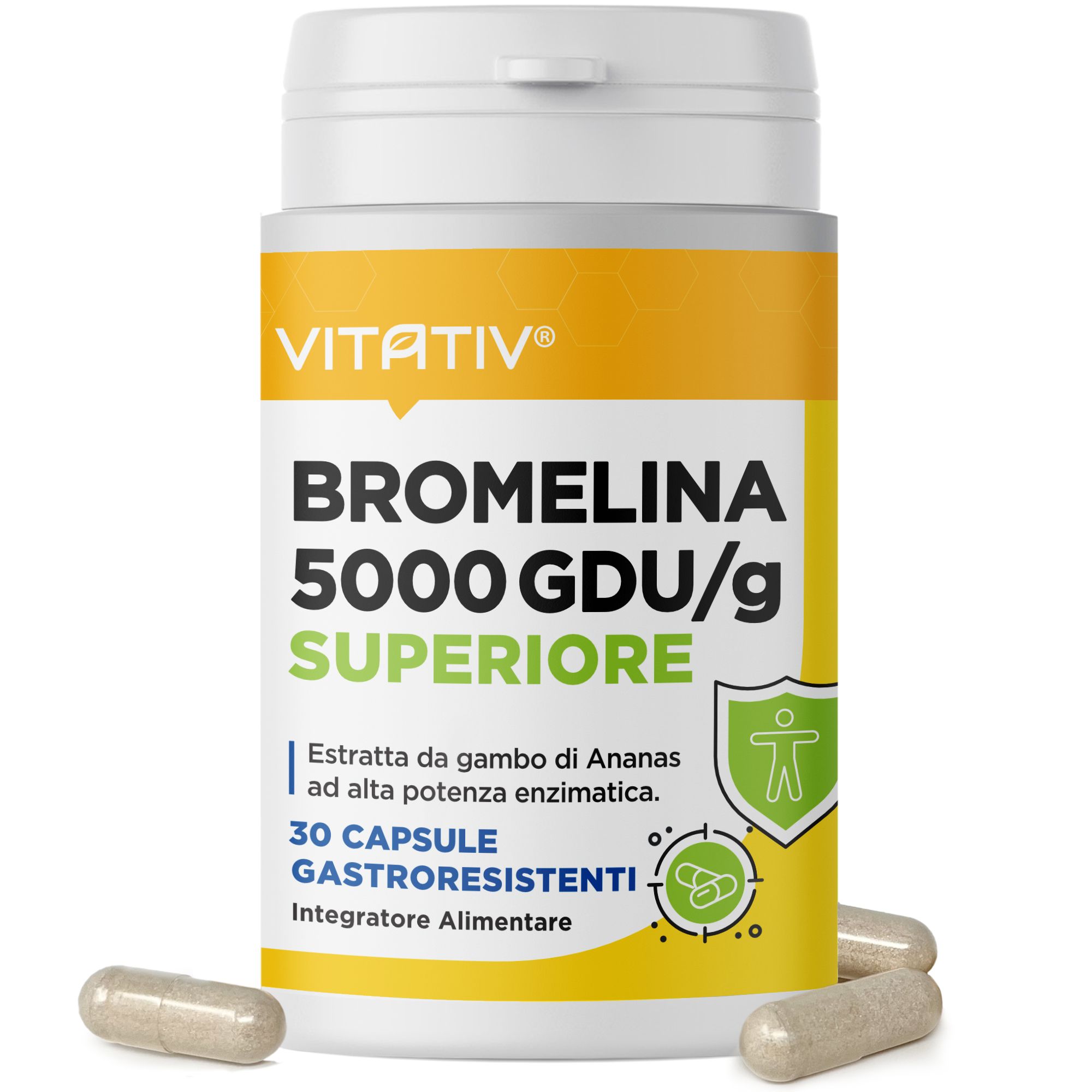 Vitativ® Bromelina 5000 GDU/g Superiore 30 Capsule Gastroresistenti | Drenante Forte Gambe Stanche