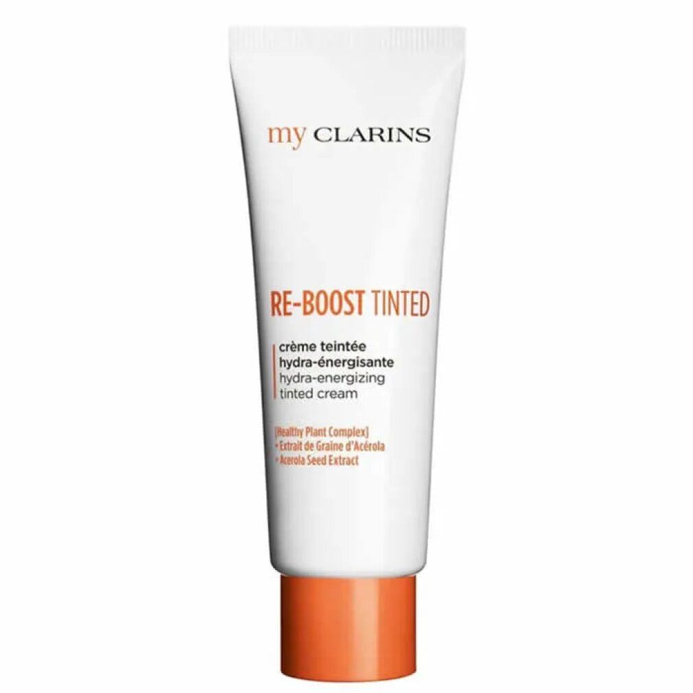 Tubo bianco con tappo arancione. Scritta: My Clarins, RE-BOOST TINTED, hydra-energissante, tinted cream.