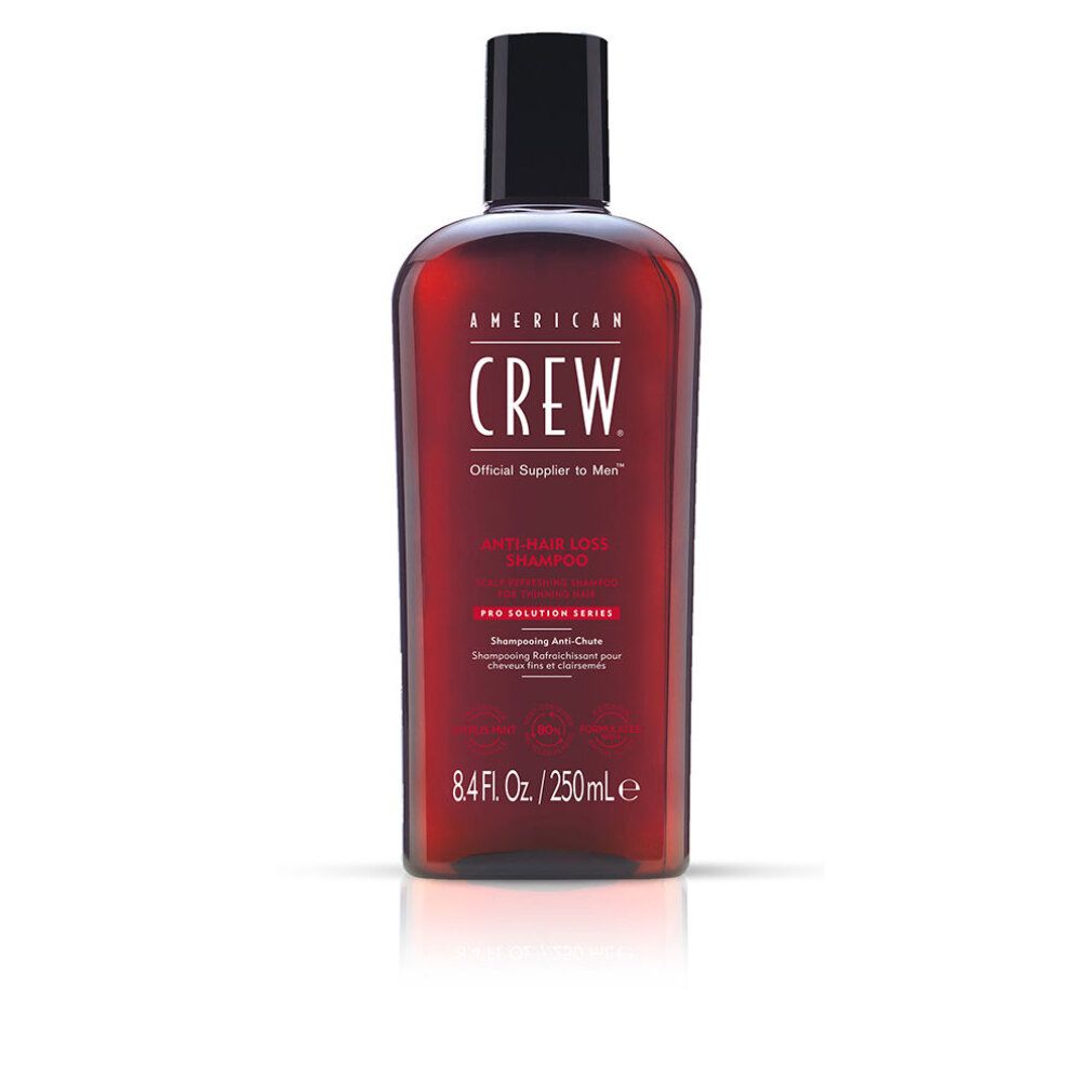 Flacone di shampoo rosso con tappo nero. Scritta: AMERICAN CREW. Testo: Shampoo Wave Hair Care. 8.4 Fl. Oz. / 250ml.