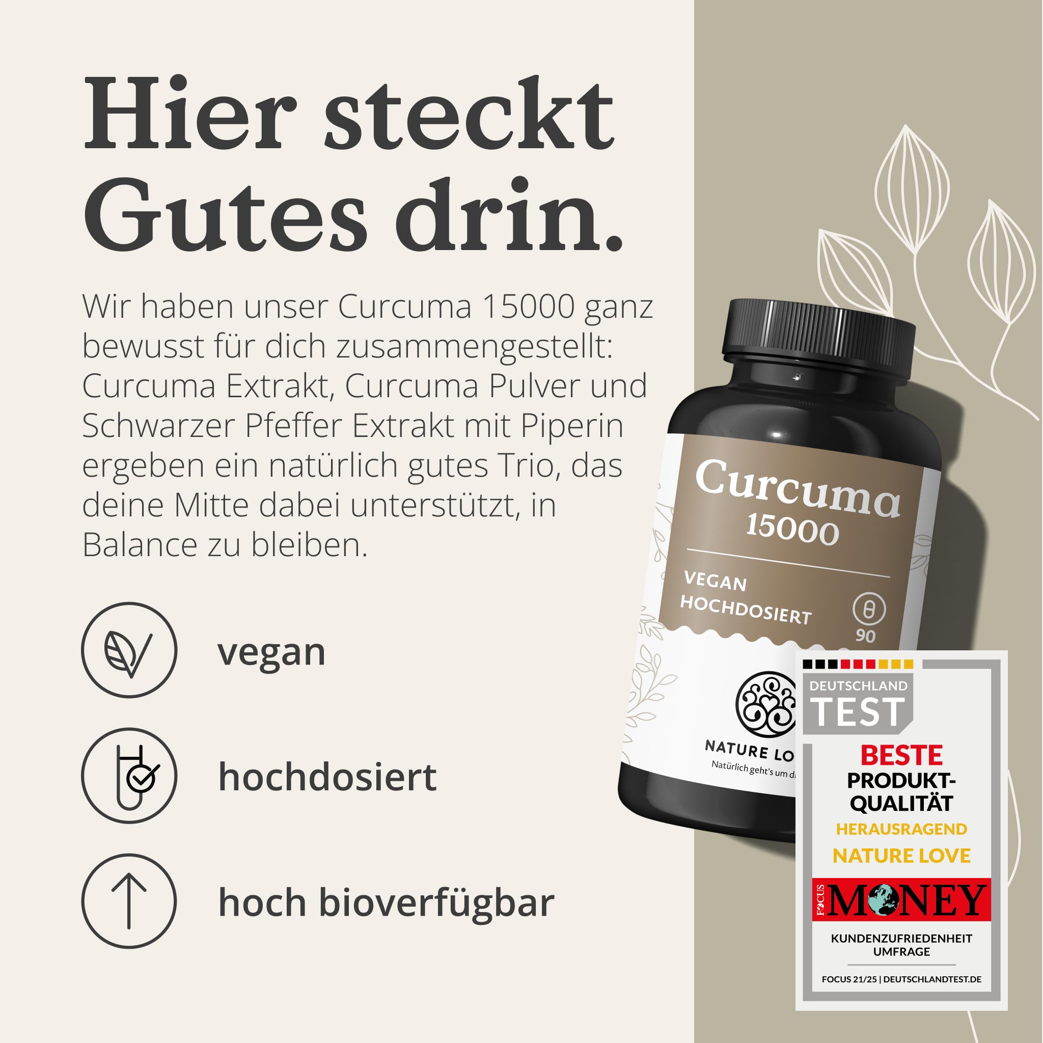 Flacone Curcuma 15000 con sigillo 'Deutschland Test Migliore Qualità Prodotto'. Testo: Qui c'è del buono. Vegano, alta dose, alta biodisponibilità.