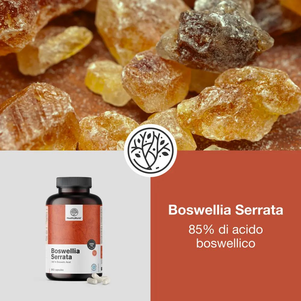 Bottiglia di Boswellia Serrata, 85% di acido boswellico, con indicazione di 90 capsule per un supporto naturale.