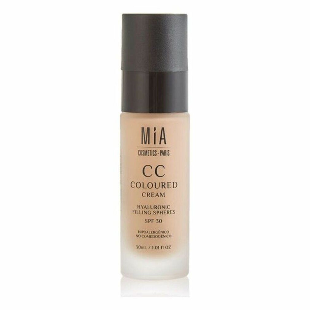 Flacone di crema CC beige con tappo nero. Scritte: Mia Cosmetics, CC Cream, SPF 30. 50ml.