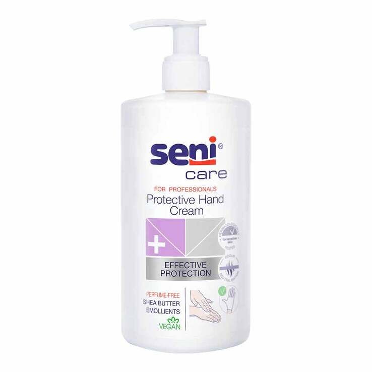 Flacone bianco con dosatore a pompa. Scritta: Seni Care Protective Hand Cream. Contiene burro di karité ed è vegano.
