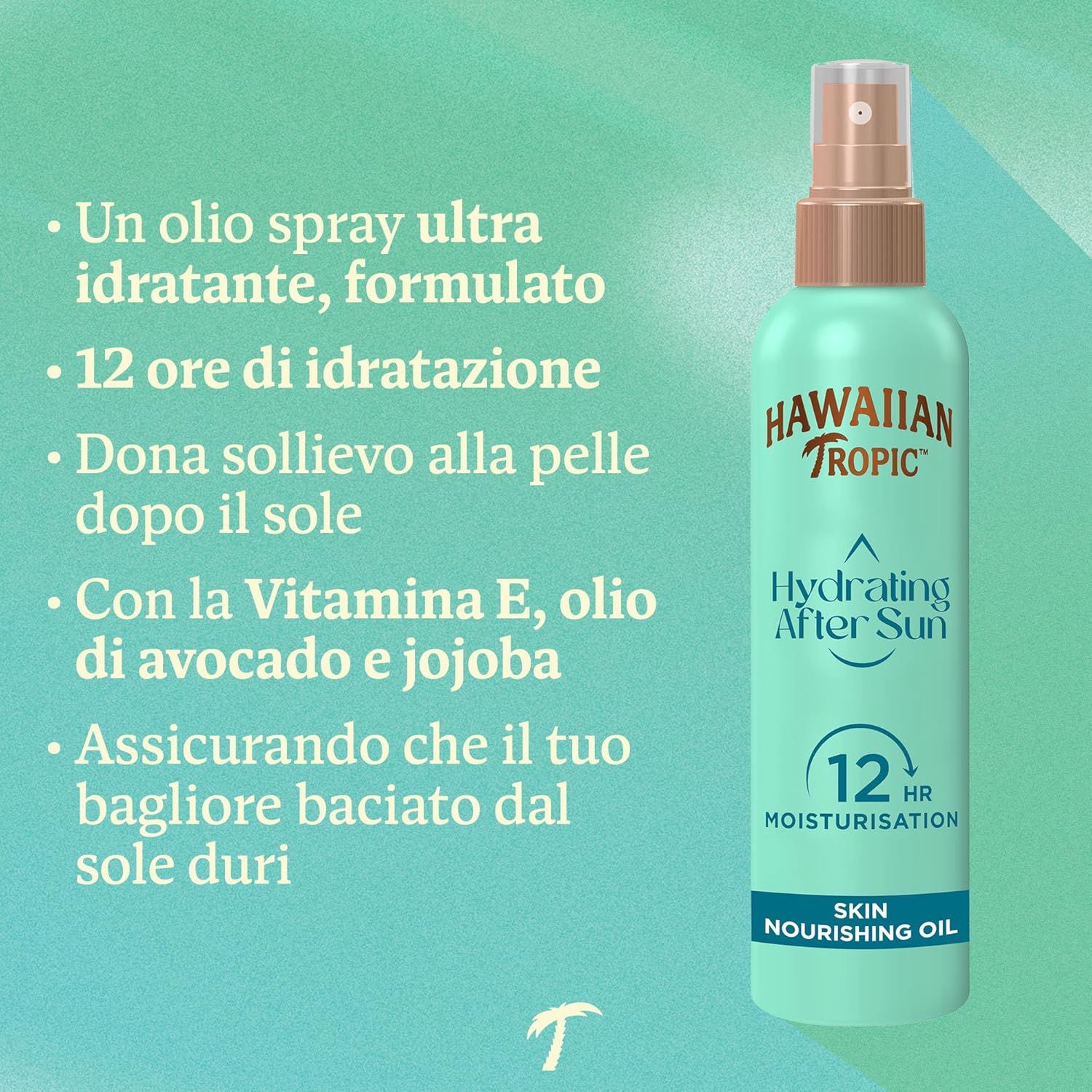 Flacone spray turchese con tappo marrone. Testo: Hawaiian Tropic, Hydrating After Sun, 12hr Moisturisation, Skin Nourishing Oil.