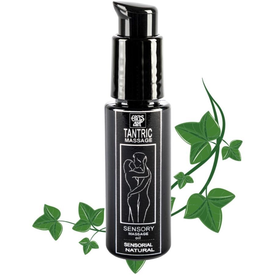 Olio da massaggio tantrico in bottiglia nera con erogatore a pompa. Etichetta raffigurante una coppia e foglie verdi.