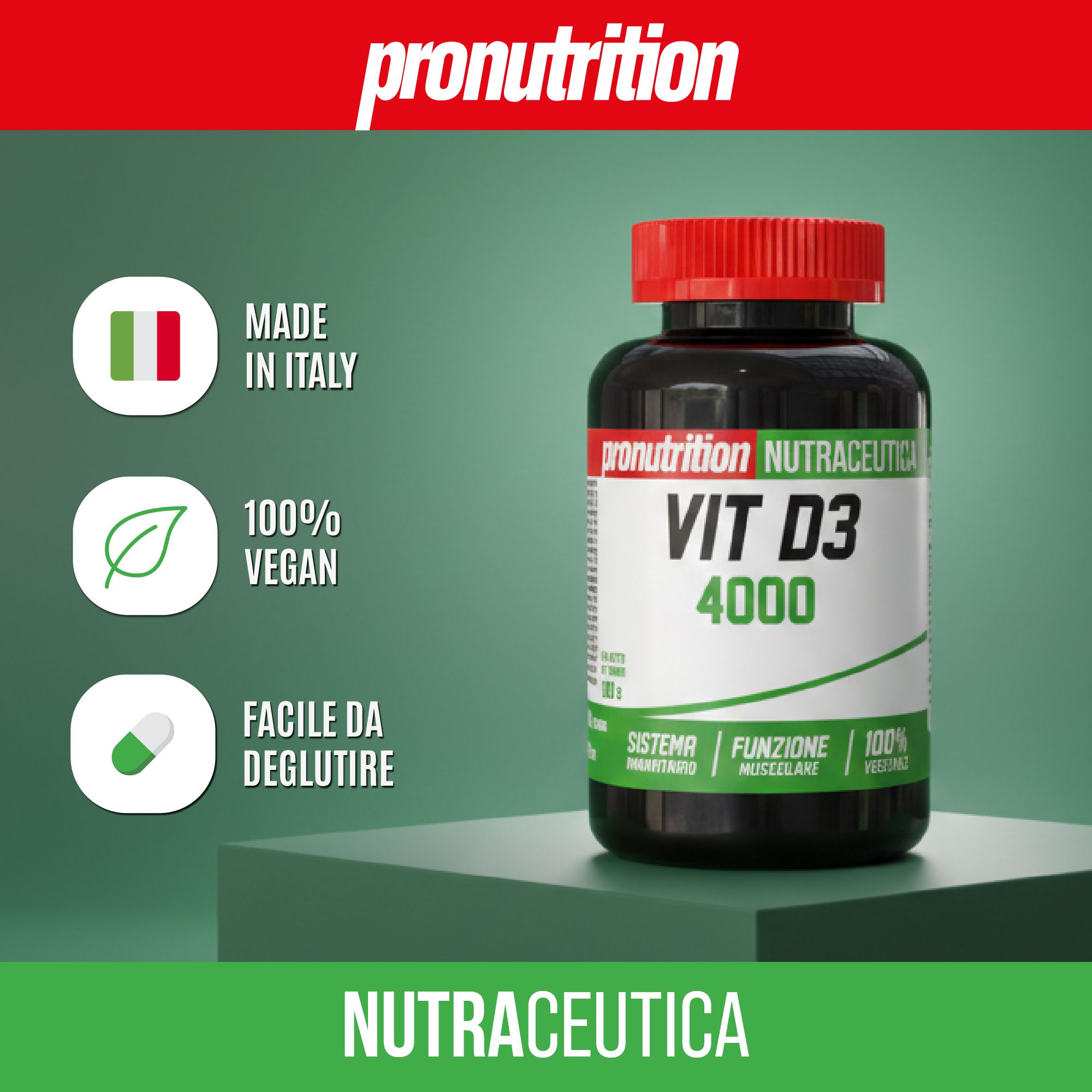 Flacone marrone con tappo rosso. Scritta Vit D3 4000. Bandiera italiana, vegano, facile da deglutire.