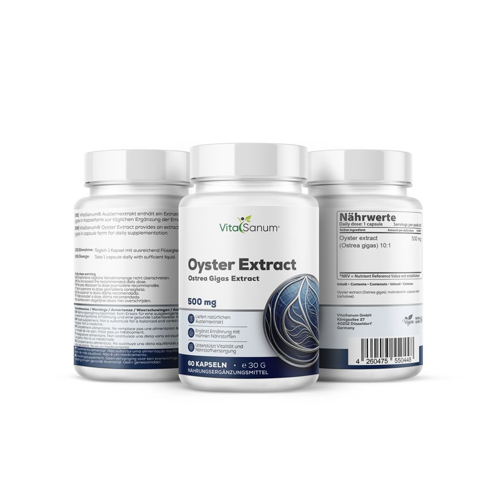 Tre flaconi bianchi VitaSanum® Oyster Extract. Scritta: 500 mg, 60 capsule, estratto di ostrica. Illustrazione blu.