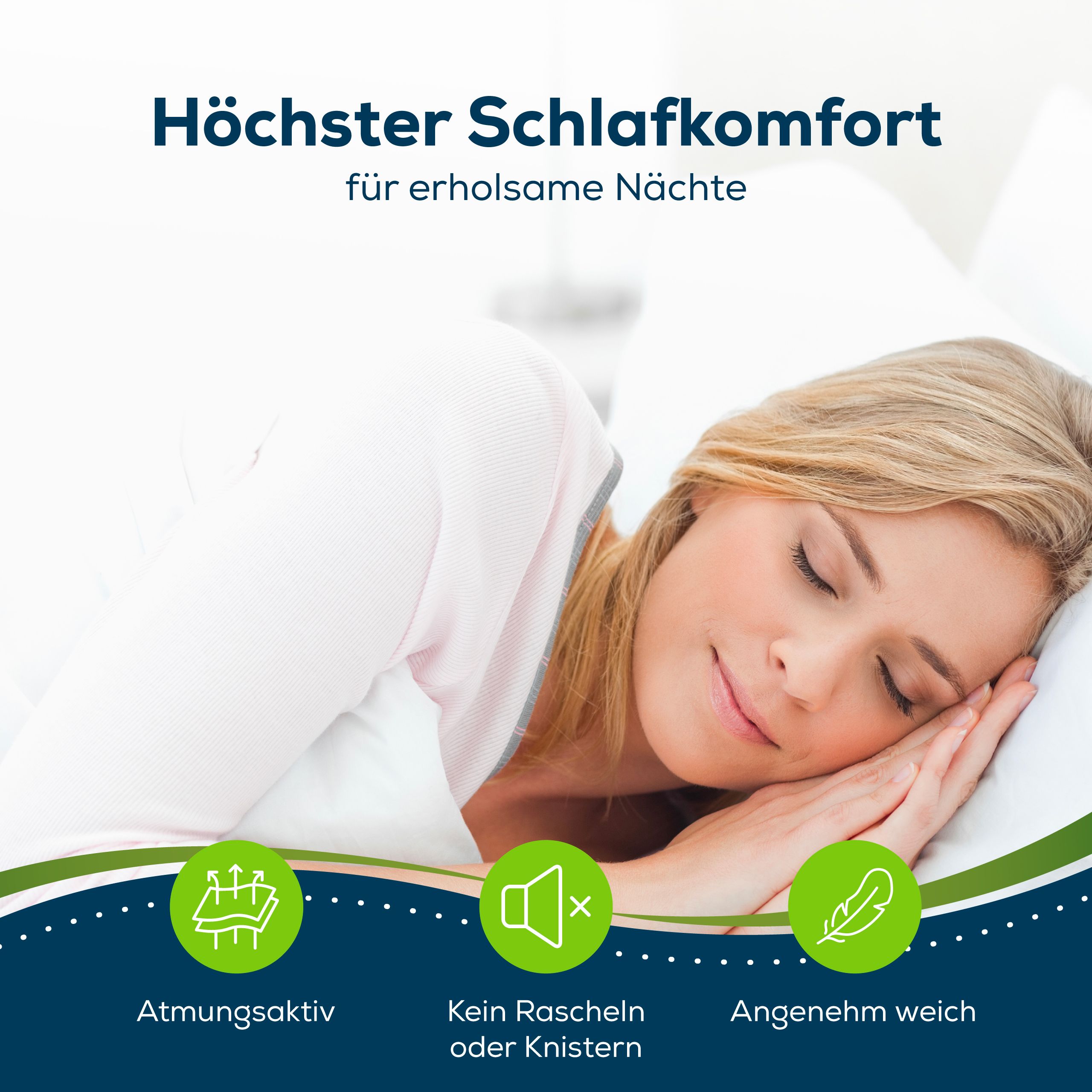 Pubblicità comfort del sonno. Donna che dorme su cuscino bianco. Testo: Traspirante, silenzioso, morbido.