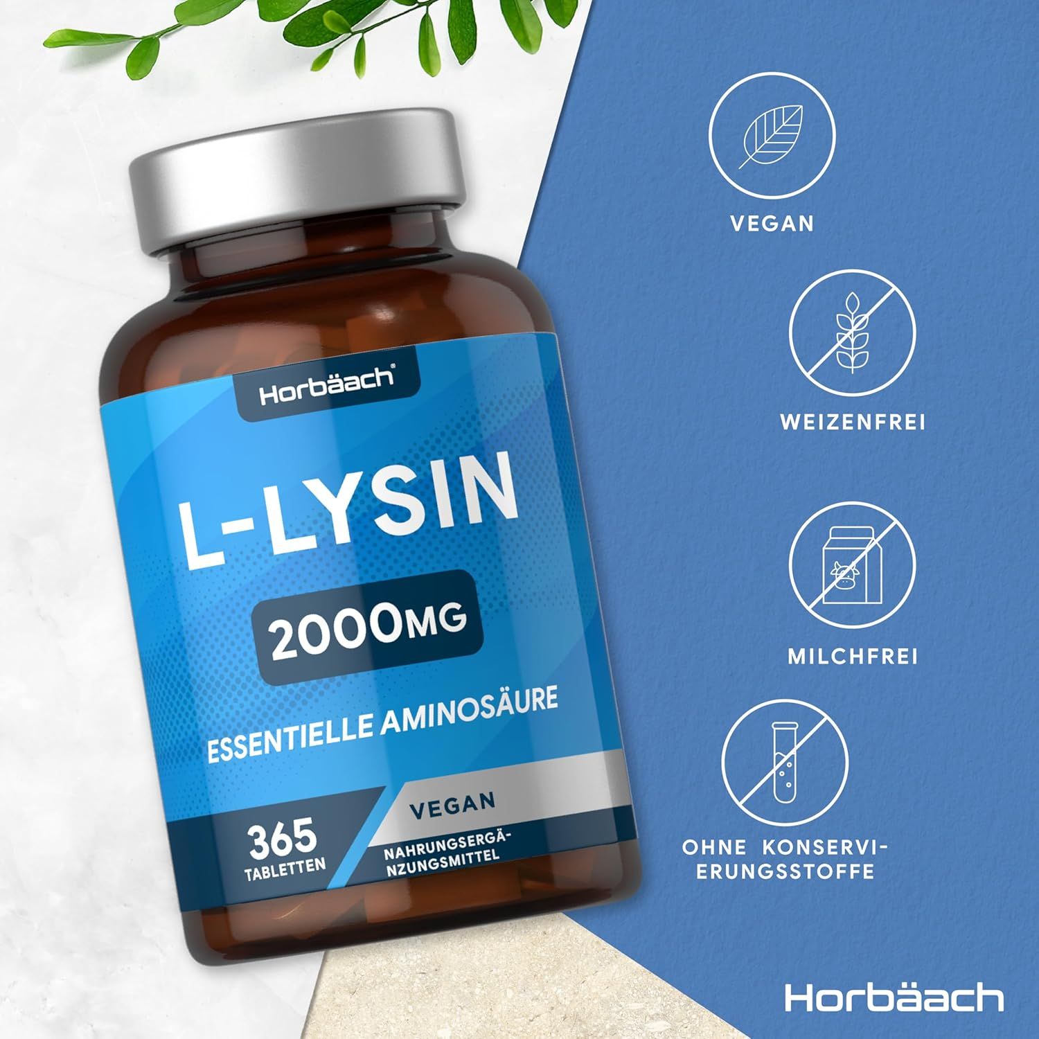 Flacone marrone con etichetta blu. L-Lisina 2000mg, 365 compresse. Vegano. Horbaach. Aminoacido.