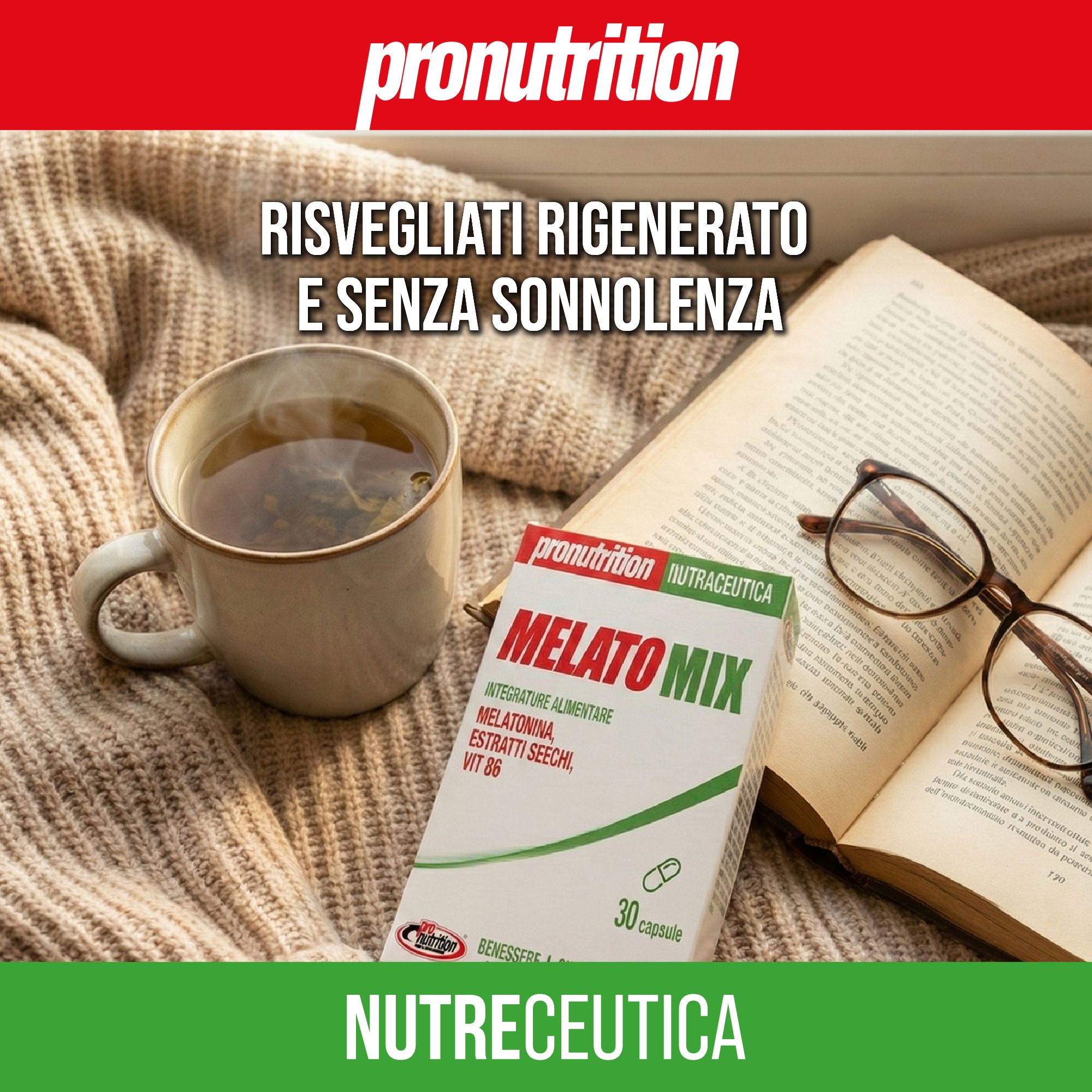 Scatola del prodotto con scritta Melatomix. Accanto a tazza di tè, libro e occhiali. 30 capsule. Contiene Melatonina, Estratti Secchi, Vit B6.