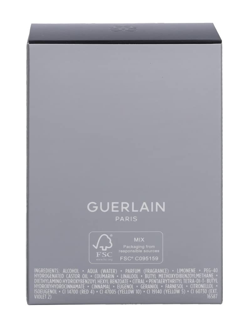 Retro della confezione di Guerlain L'Homme Ideal Eau de Toilette. Confezione grigia con testo e logo FSC.
