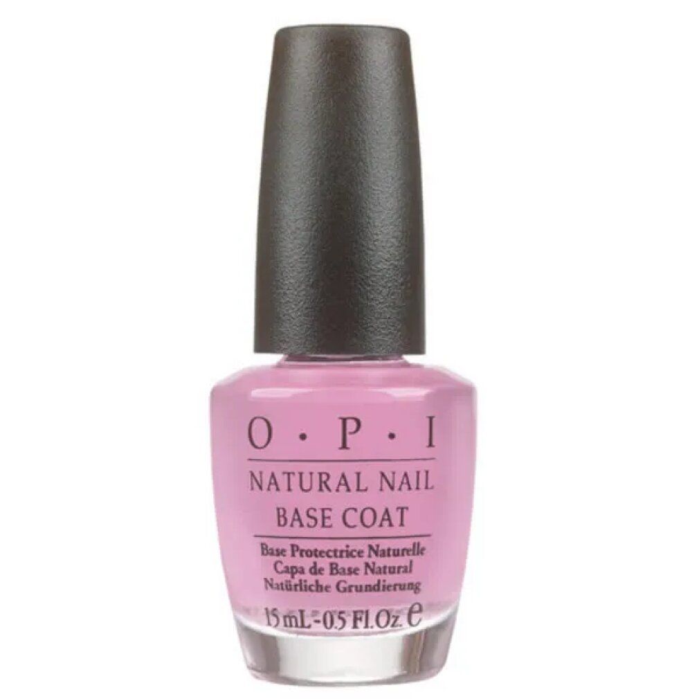 Base coat O.P.I Natural Nail. Liquido rosa in un flacone di vetro con tappo nero. Scritta del prodotto.