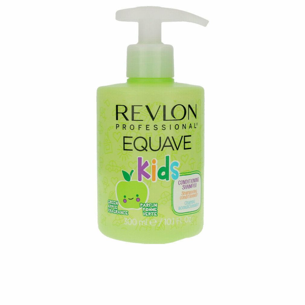 Flacone verde con dosatore bianco. Scritta: Revlon Equave Kids, profumo di mela. Contiene 300 ml.