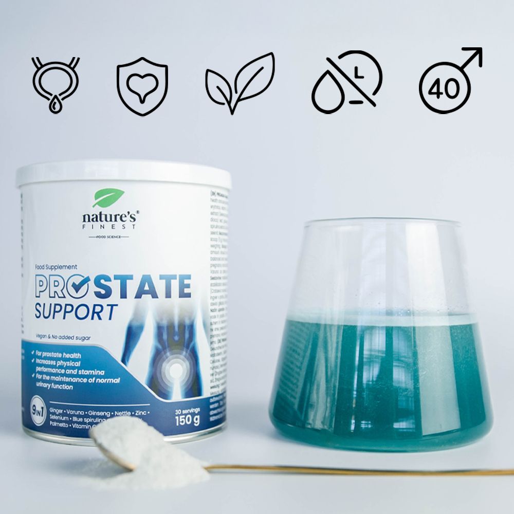 Barattolo Nature's Finest Prostate Support, misurino di polvere, bicchiere bevanda blu, icone.