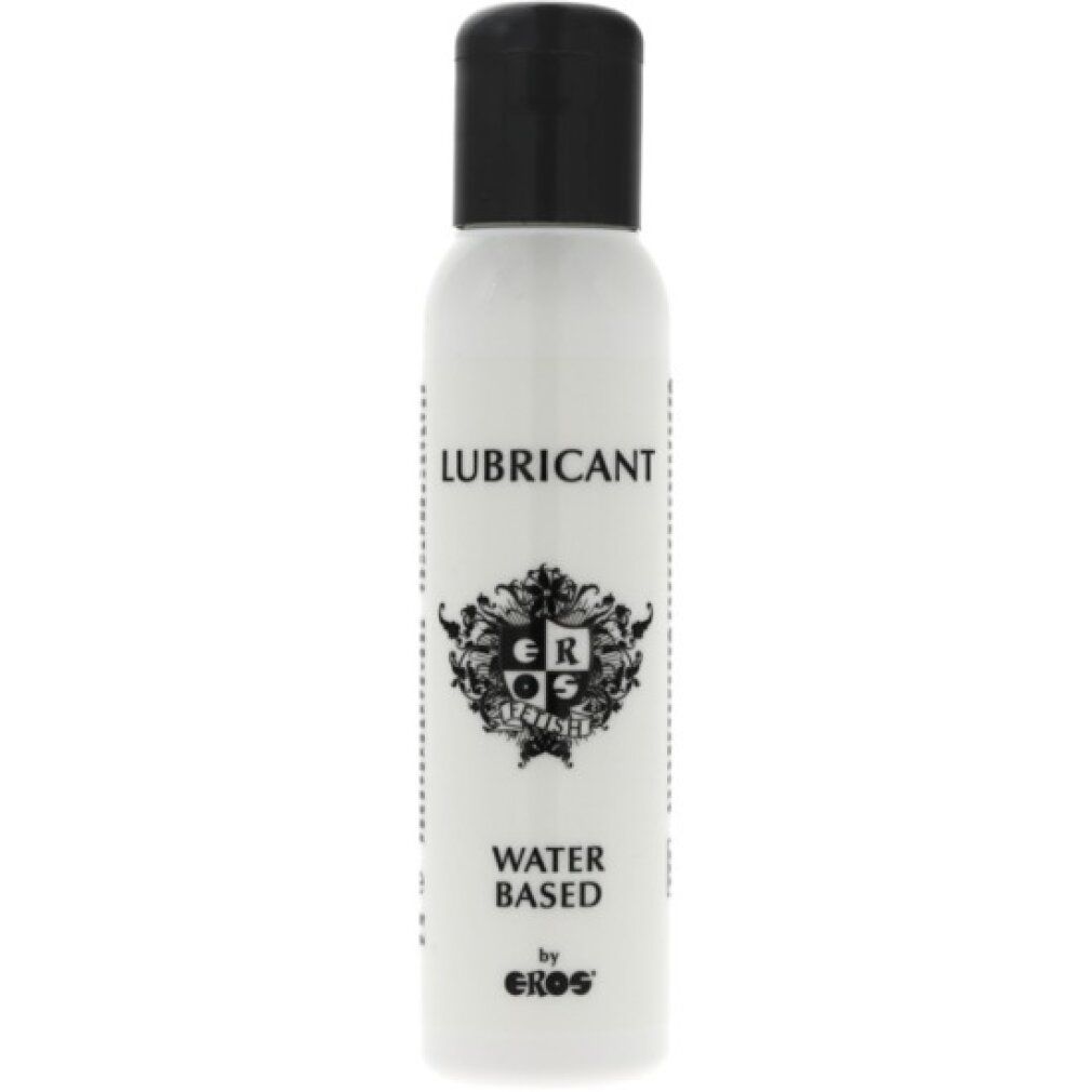 Flacone bianco con tappo nero. Scritta: LUBRICANT, WATER BASED, by EROS. Logo.