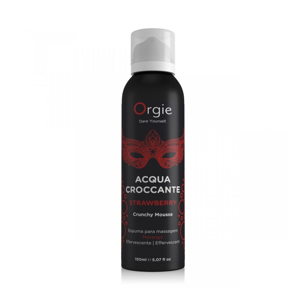 Flacone nero con vaporizzatore bianco. Scritta: Orgie, Acqua Croccante Strawberry, Crunchy Mousse. Design maschera rossa.