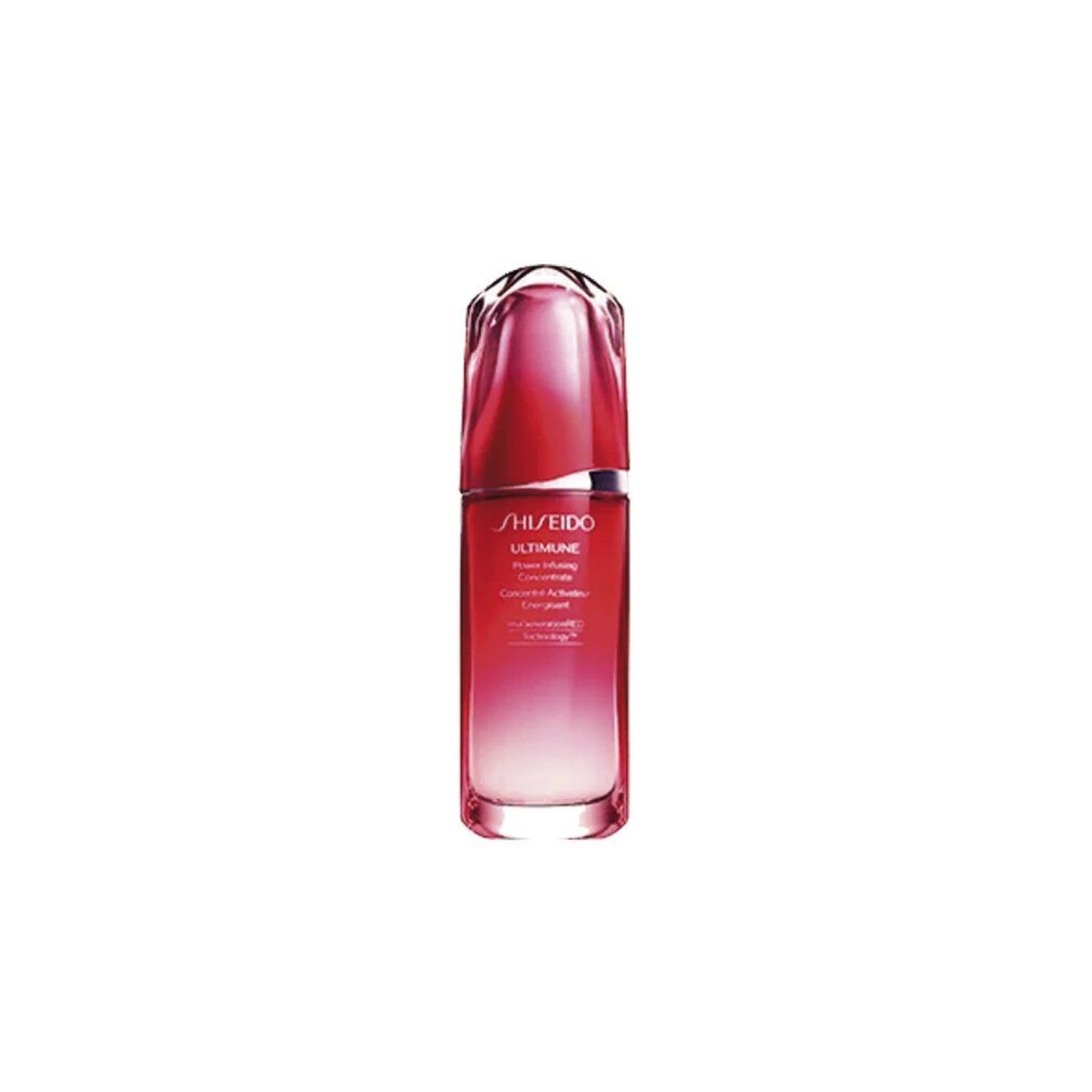 Siero rosso in flacone di vetro con tappo argentato. Scritta: SHISEIDO ULTIMUNE. Concentré Activateur.