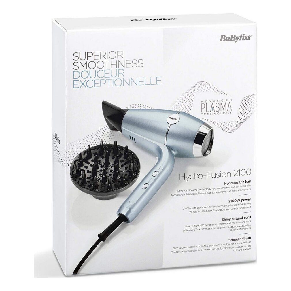 Confezione del prodotto con asciugacapelli e diffusore. Testo: Superior Smoothness, Hydro-Fusion 2100, BaByliss.