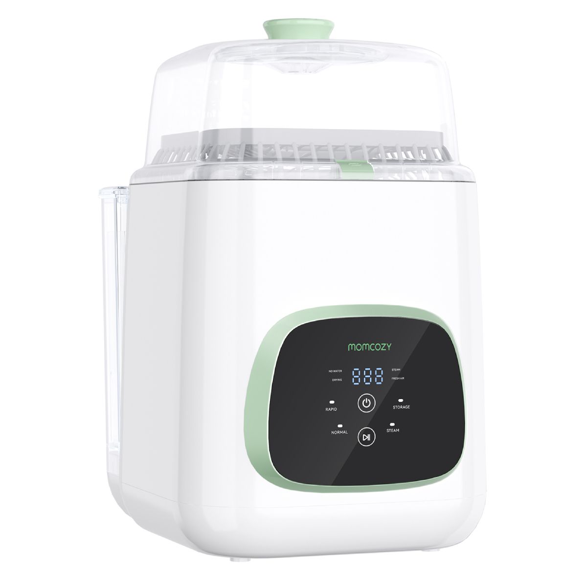 Sterilizzatore per biberon bianco con dettagli verdi. Display digitale con pulsanti. Logo Momcozy visibile. Coperchio trasparente.