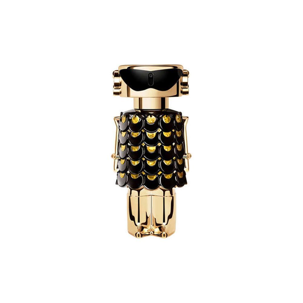 Flacone di profumo dorato con dettagli neri. Flacone a forma di figura con occhiali da sole.