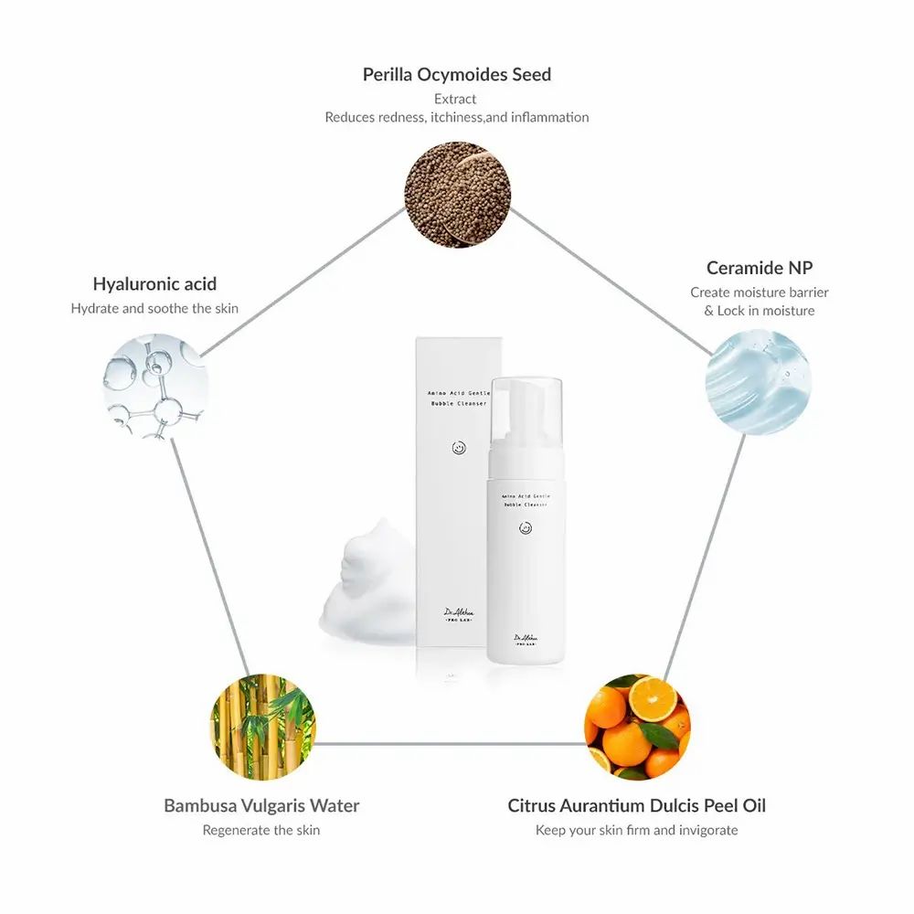 Flacone e schiuma circondati da grafici degli ingredienti. Testo: Perilla Ocymoides Seed, Acido Ialuronico, Ceramide NP, Bambusa Vulgaris Water, Citrus Aurantium Dulcis Peel Oil.