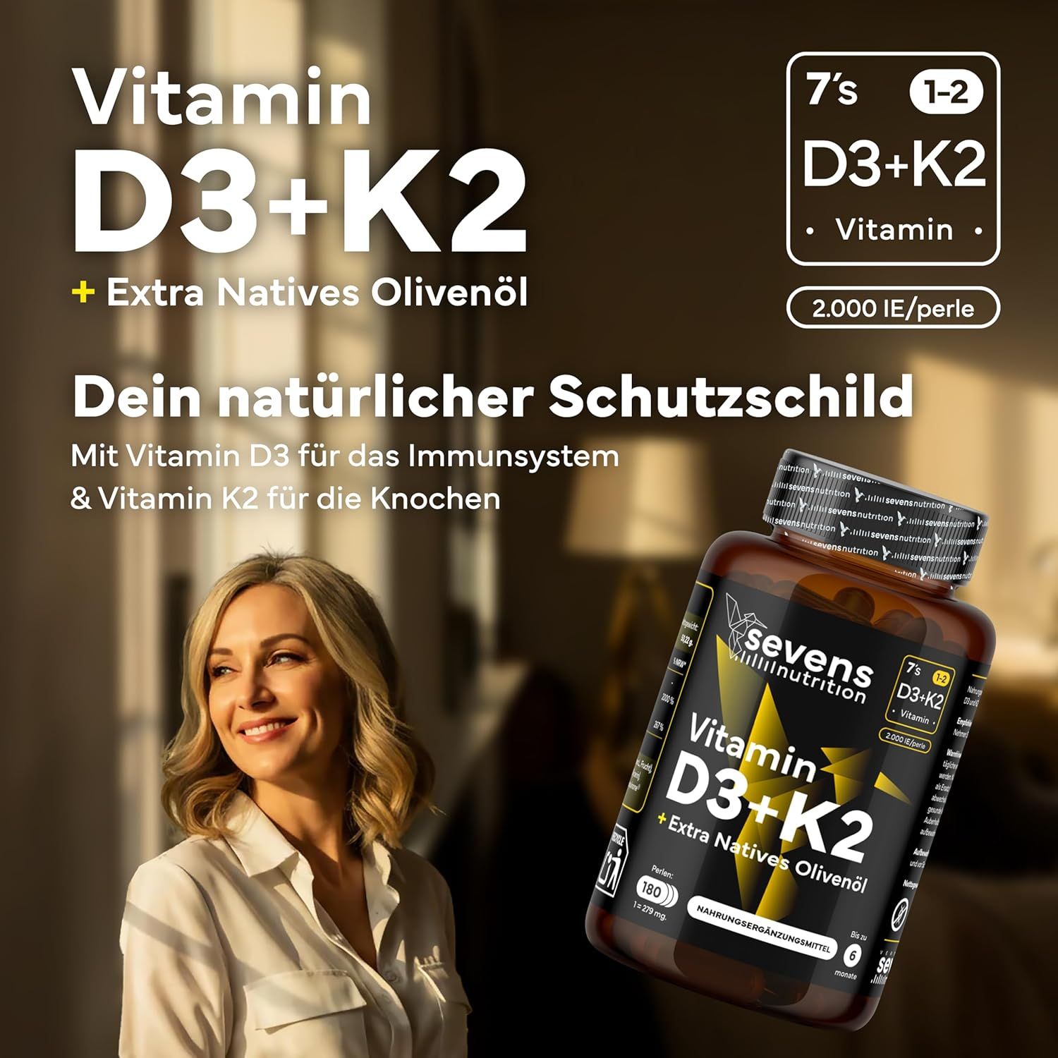 Flacone marrone con capsule. Scritta: Vitamina D3+K2. Donna sullo sfondo.