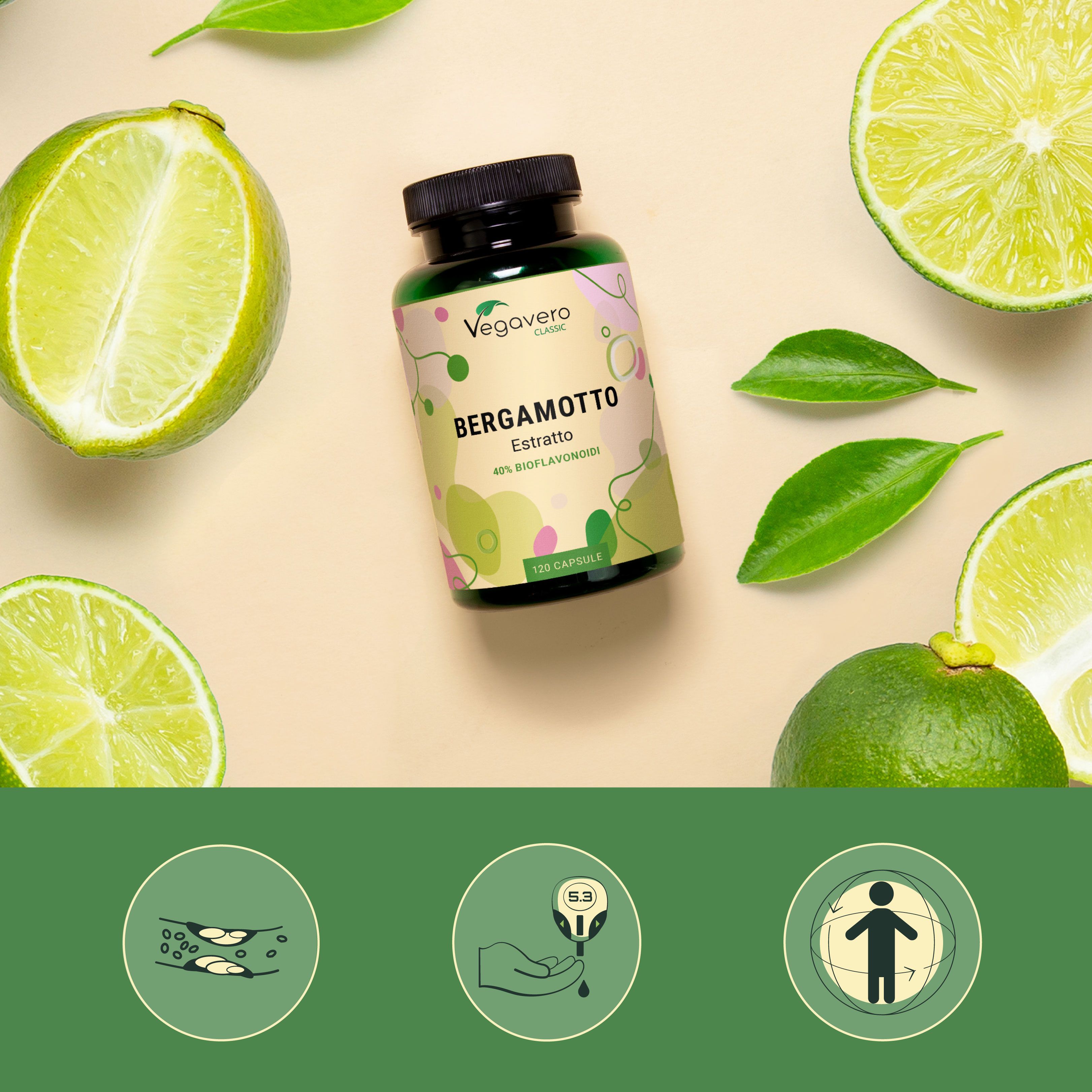 Flacone di capsule circondato da lime e foglie. Scritta: Bergamotto Estratto, 40% Bioflavonoidi. 120 capsule.