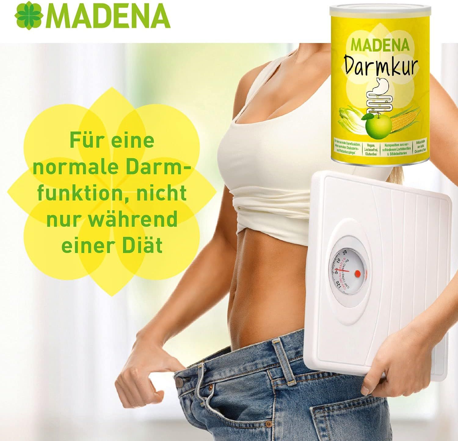Donna in jeans tiene bilancia e barattolo MADENA Darmkur. Testo giallo: Per una normale funzione intestinale, non solo durante una dieta.