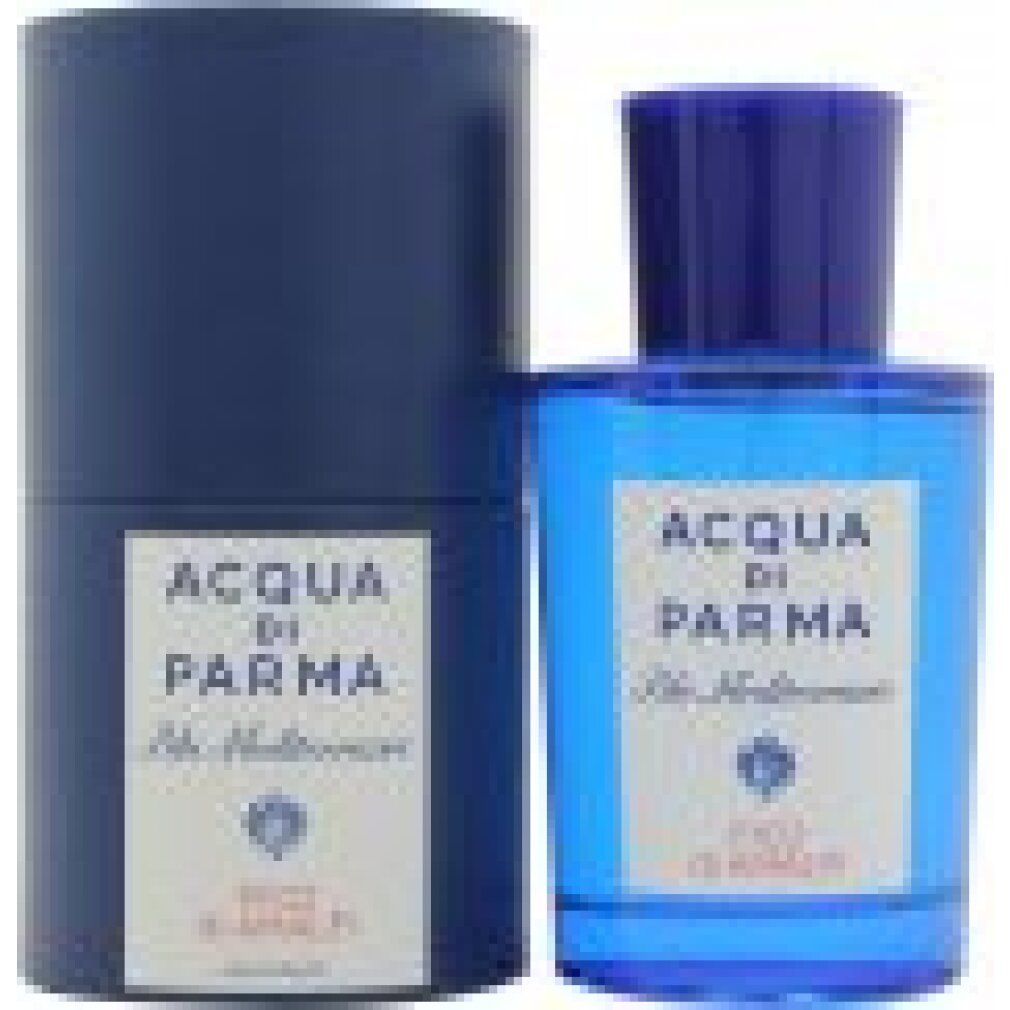 Flacone blu e confezione. Scritta: Acqua Di Parma, Blu Mediterraneo, Fico di Amalfi. Flacone con tappo blu.