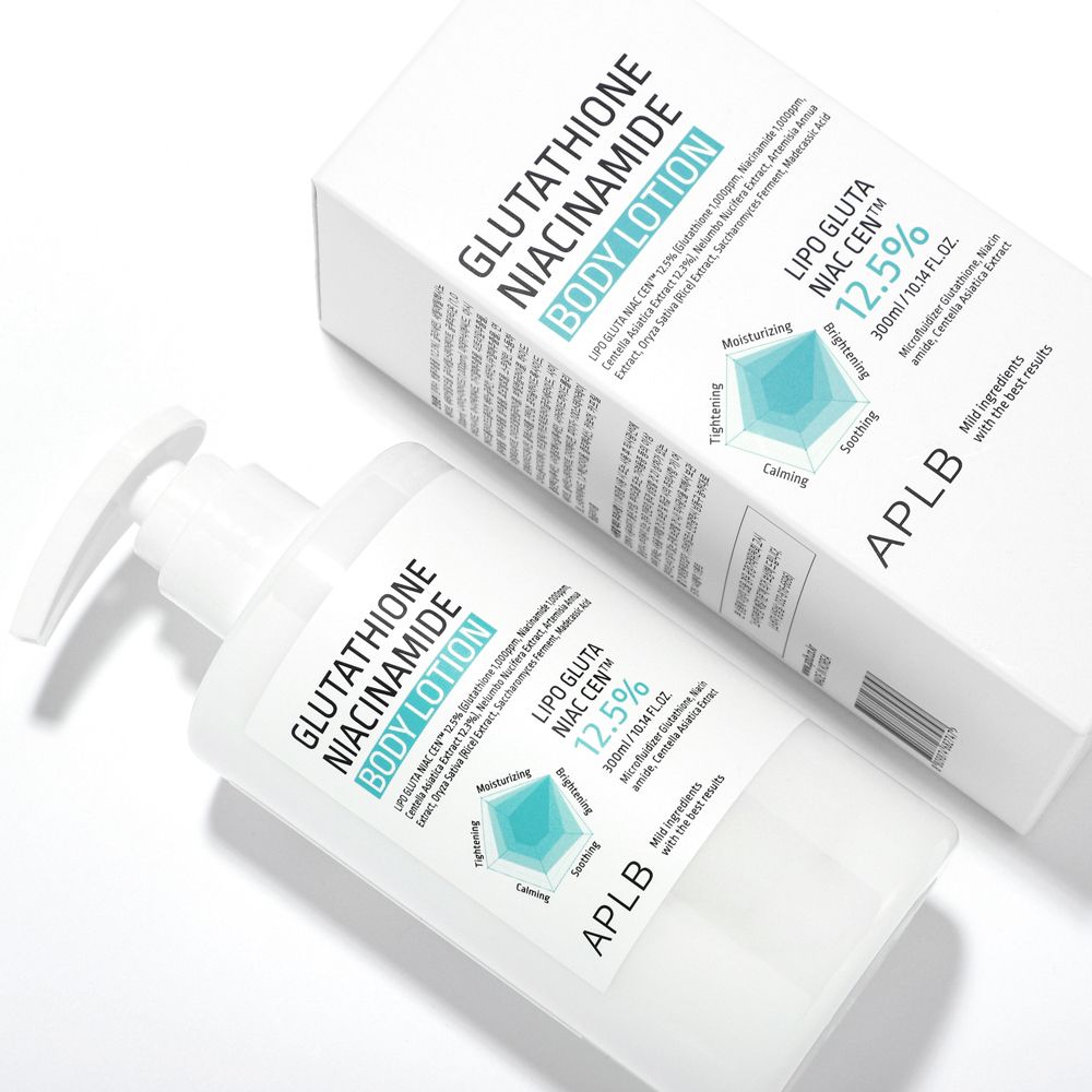 Dispenser a pompa per lozione corpo Glutatione Niacinamide accanto alla sua scatola.