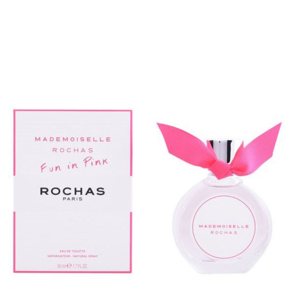 Flacone e confezione. Sulla confezione: Mademoiselle Rochas, Fun in Pink e Rochas Paris.