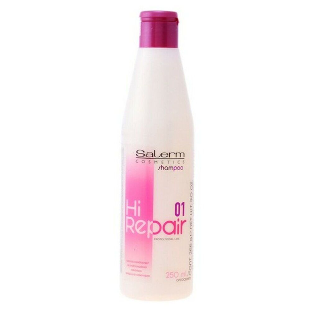 Flacone di shampoo Salerm Cosmetics Hi Repair. Bianco, tappo ed etichetta rosa. Testo: Hi Repair, 01, Shampoo.