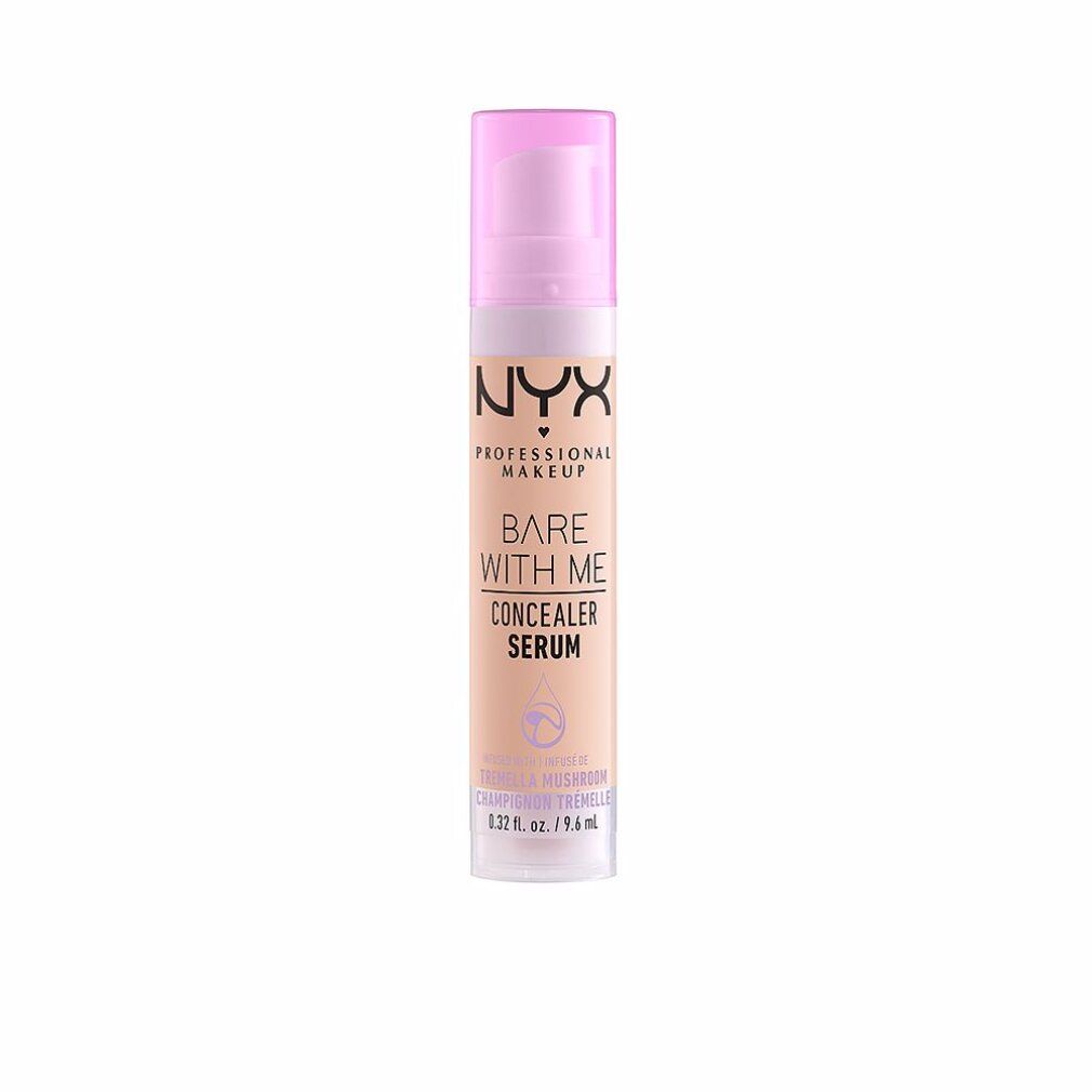 Flacone di siero correttivo con dosatore a pompa. Scritta: NYX Professional Makeup, Bare With Me Concealer Serum, 02-Light.